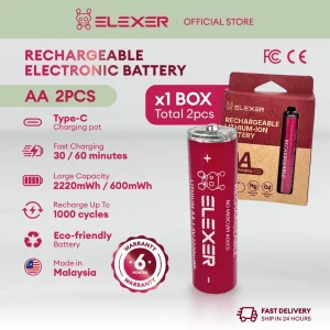 ELEXER Rechargeable Lithium-Ion AA Battery – 3400mWh (2-Pack)