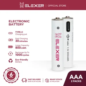 ELEXER Rechargeable Lithium-Ion AAA Battery – 800mWh (2-Pack)
