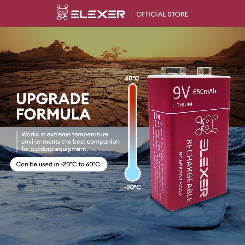 ELEXER Rechargeable Lithium-Ion 9V Battery – 650mAh (1pcs) - Image 2