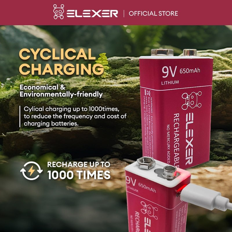 ELEXER Rechargeable Lithium-Ion 9V Battery – 650mAh (1pcs) - Image 3