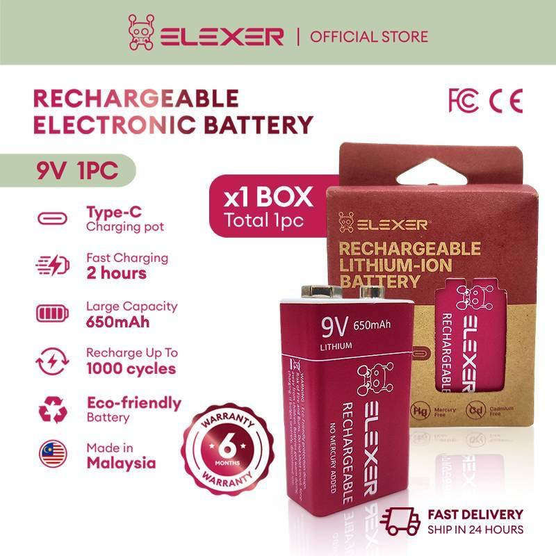 ELEXER Rechargeable Lithium-Ion 9V Battery